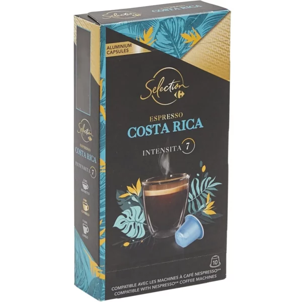 Café Capsules Espresso Intensité 7 Compatible Nespresso Costa Rica CARREFOUR SELECTION la boite de 10 - 52g