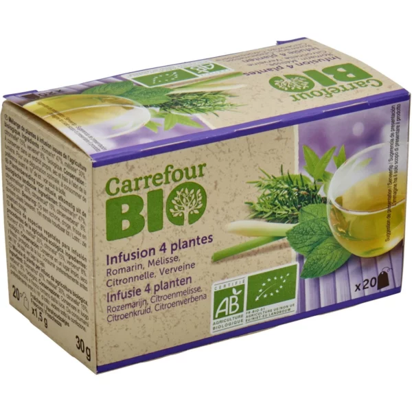 Infusion Romarin Mélisse Citronnelle et Verveine Bio CARREFOUR BIO la boite de 20 sachets